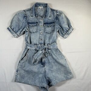 TCEC Womens Blue Light Wash Denim Playsuit Romper Short Sleeve Snap Belted Sz Sm